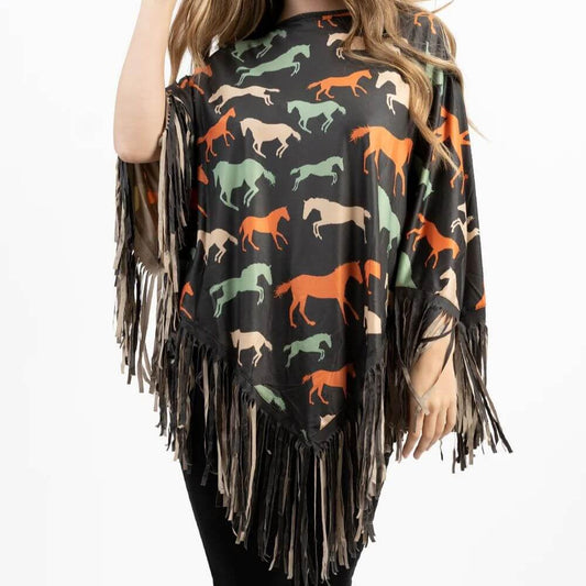 Montana West American Bling Horse All Over Print Fringe Poncho