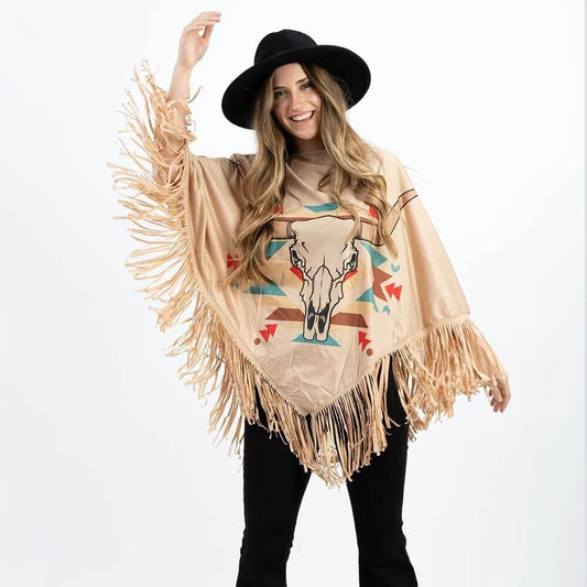 American Bling Aztec Steer Skull Print Shawl Cape Wraps Fringe Poncho Tan PCH-1715TAN-6