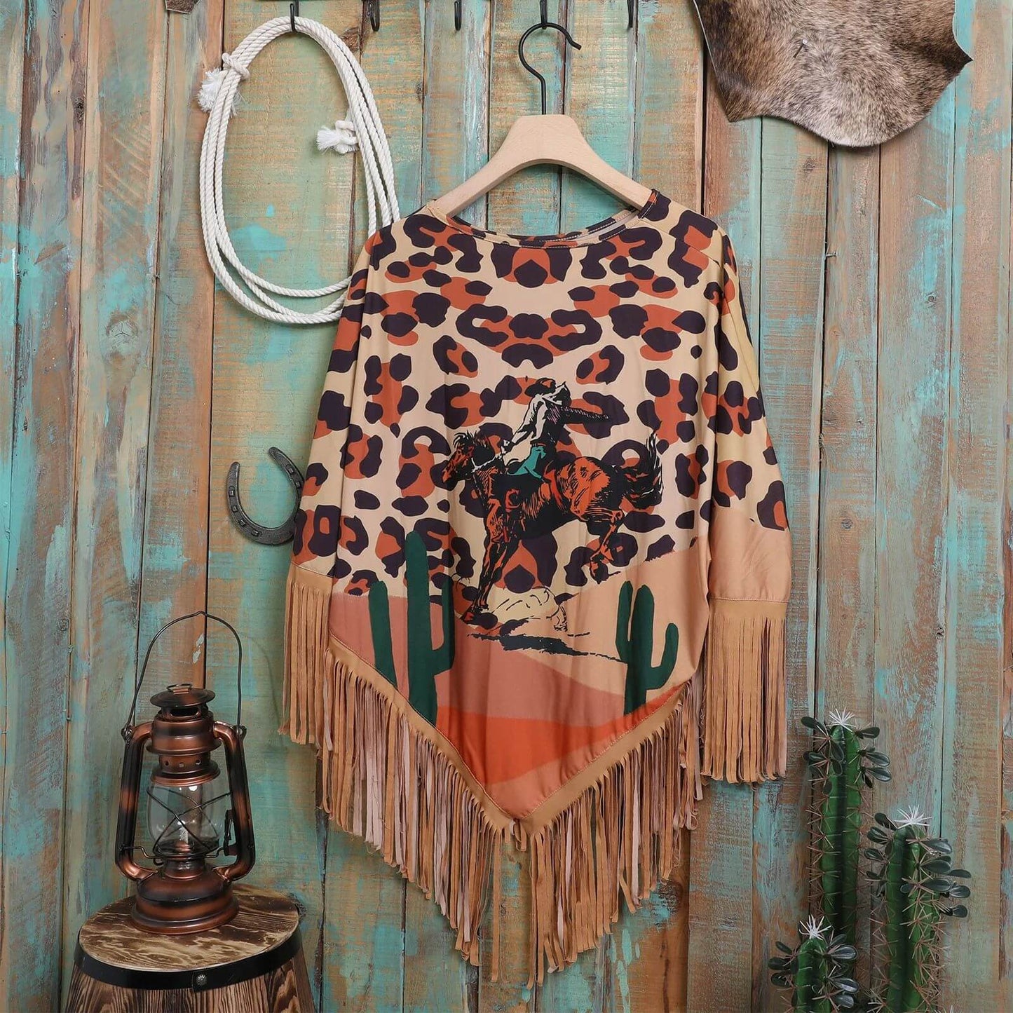 Montana West American Bling Aztec Rodeo Fringe Poncho Leopard