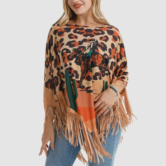 American Bling Leopard Rodeo Shawl Cape Wraps Women Fringe Poncho PCH-1718LP