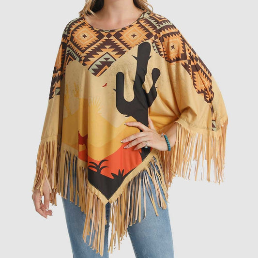 American Bling Cactus Shawl Cape Wraps Women Fringe Tassel Poncho Tan PCH-1723-TN