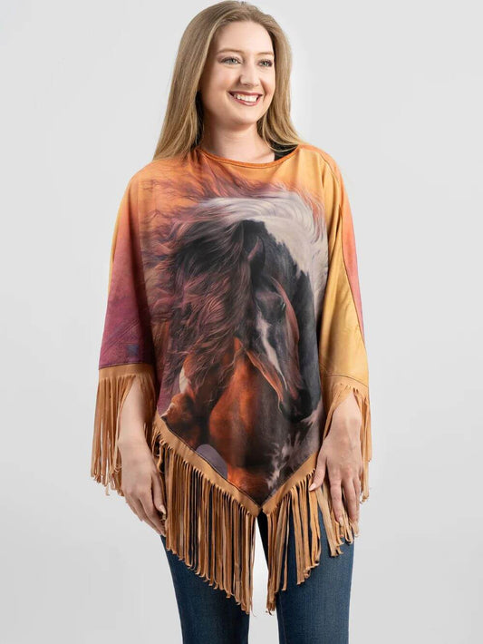 Montana West American Bling Horse Collection Fringe Poncho Tan