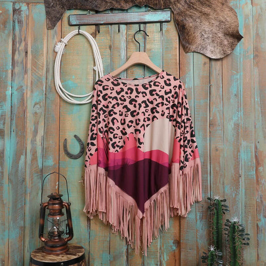 Montana West American Bling Desert Sunset Print on Front and Back Fringe Poncho Pink