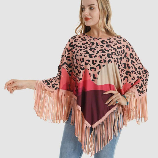 American Bling Leopard Shawl Cape Wraps Women Fringe Poncho Pink PCH-1731PK-3