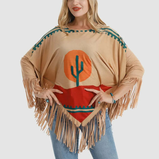 American Bling Women Desert Cactus Shawl Cape Wraps Fringe Poncho Tan PCH-1736TN