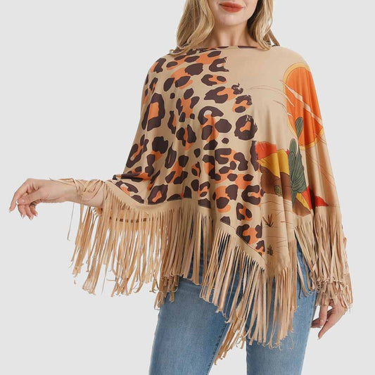 American Bling Women Leopard Shawl Cape Wraps Tassel Fringe Poncho Tan PCH-1740TN