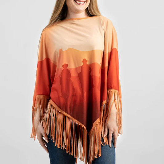 American Bling Women Cowboy on Sunset Shawl Cape Wraps Fringe Poncho Orange PCH-1744OR