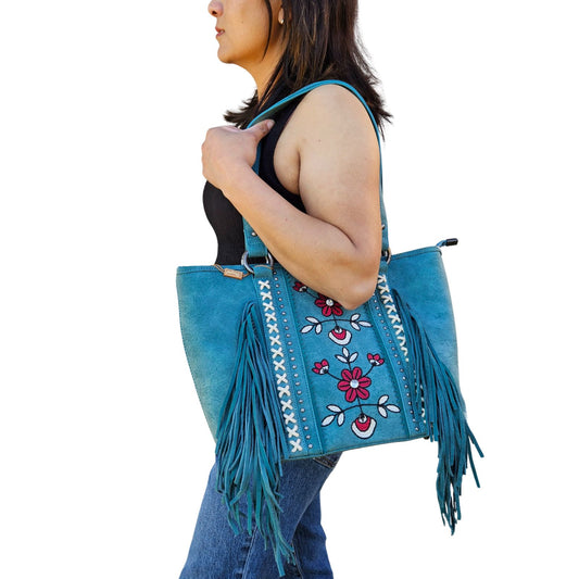 Wrangler Embroidered Floral Fringe Concealed Carry Purse Turquoise