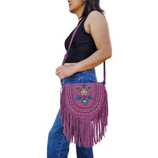 Wrangler Embroidered Floral Western Fringe Crossbody Bag Red
