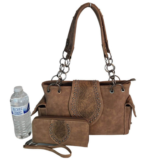 American Bling Floral Tooling Purse Matching Wallet Set Western Country Bag Brown-AB-G7107_BR-4