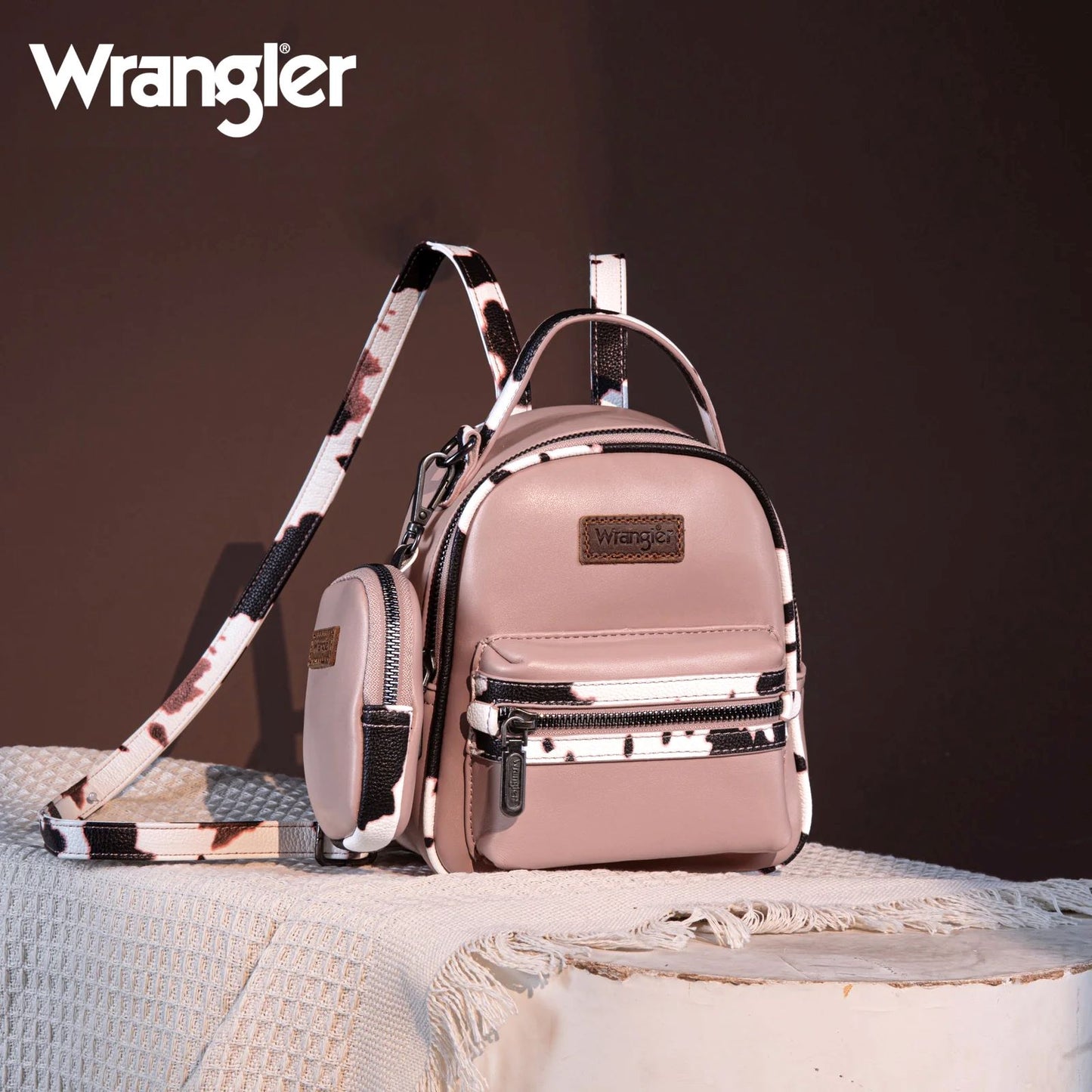 Wrangler Western Cowgirl Cow Print Mini Backpack With Coin Pouch Pink