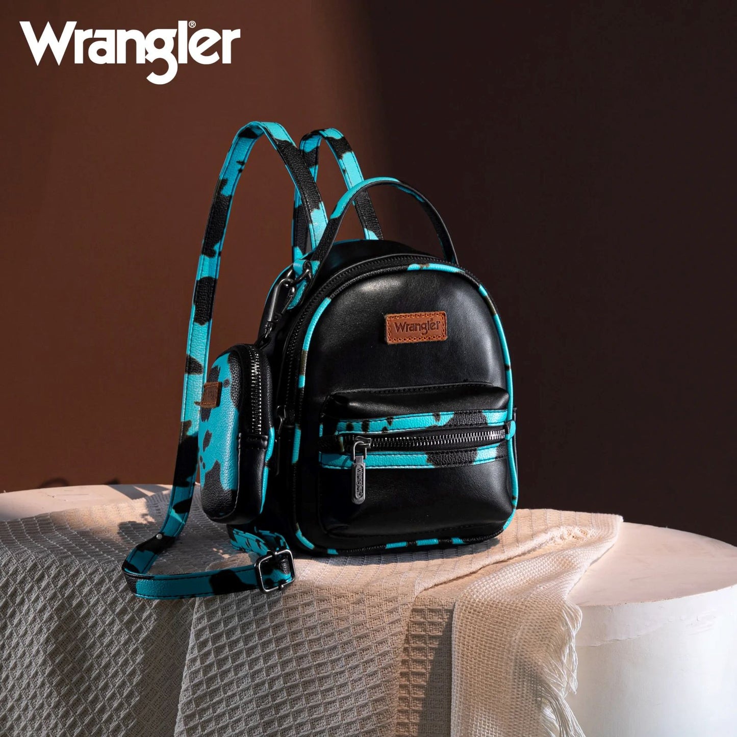 Wrangler Western Cowgirl Cow Print Mini Backpack With Coin Pouch Turquoise