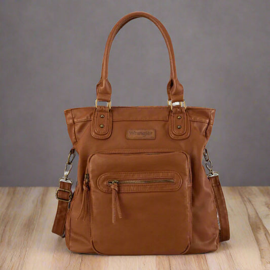 Wrangler Soft PU Leather Tote/Crossbody Bag with Multiple Pockets & Strap Brown