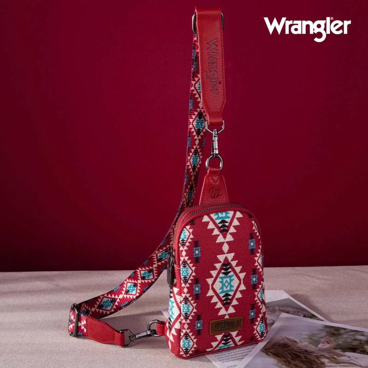 Wrangler Allover Aztec Dual Sided Print Crossbody Sling Chest Bag Burgundy