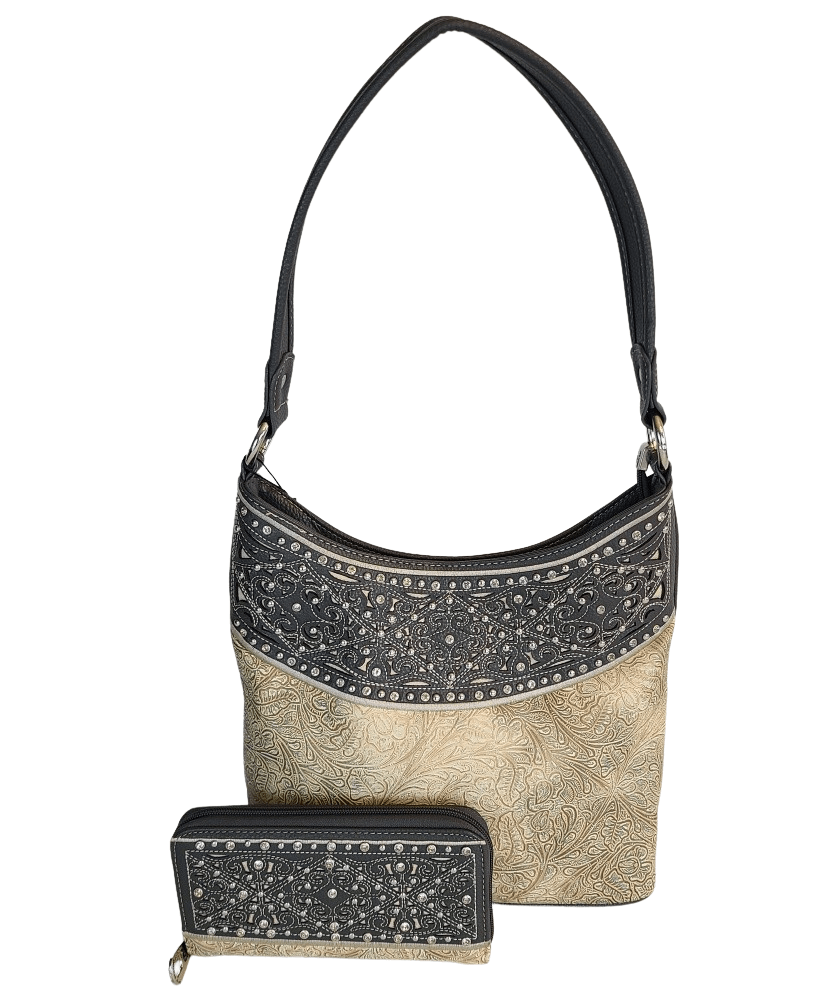 American Bling Floral Purse Matching Wallet Set Western Country Hobo Bag Gray-AB-G6215GY-1