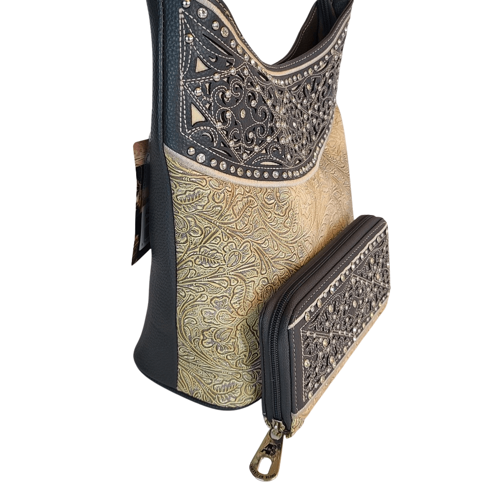 American Bling Floral Purse Matching Wallet Set Western Country Hobo Bag Gray-AB-G6215GY-2