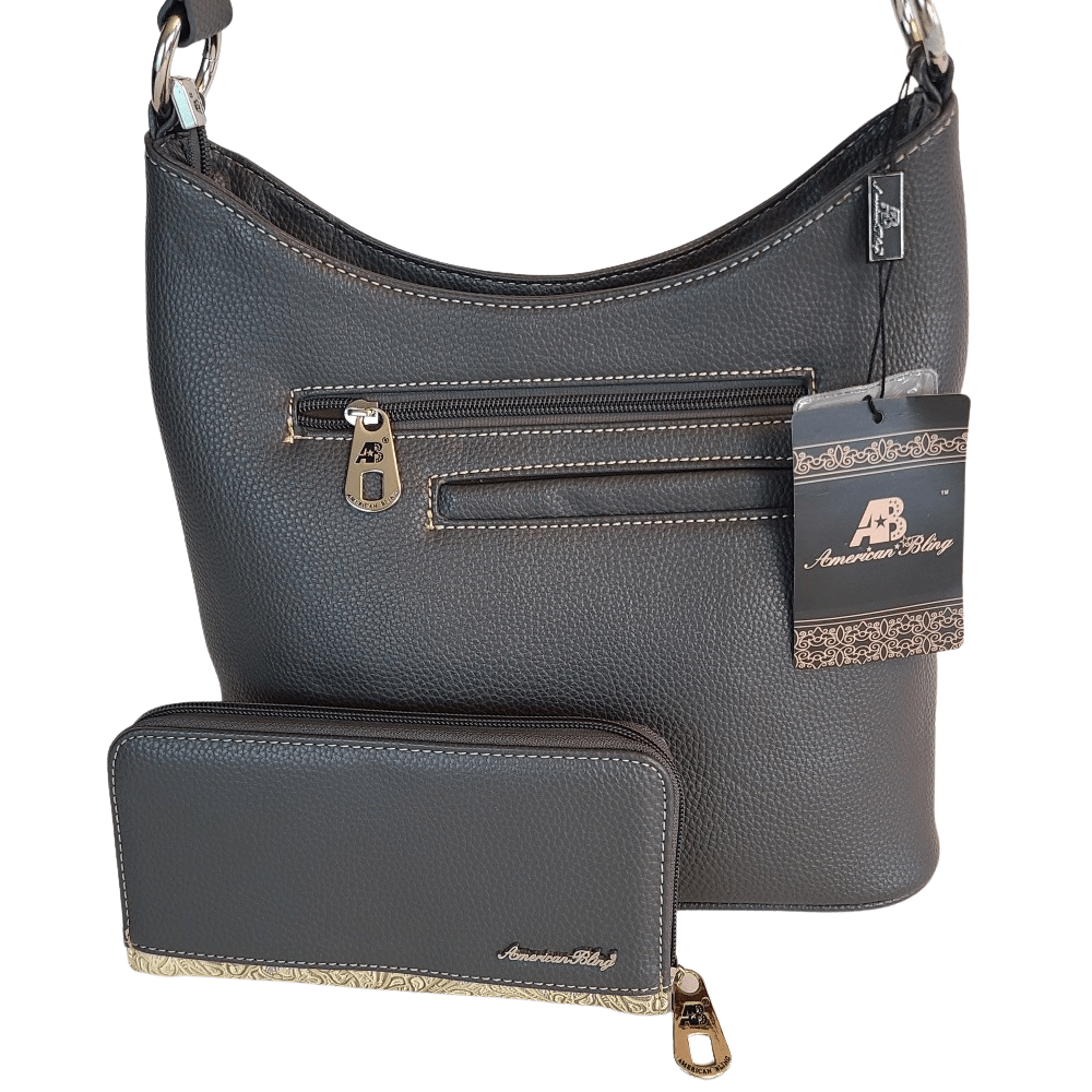 American Bling Floral Purse Matching Wallet Set Western Country Hobo Bag Gray-AB-G6215GY-3