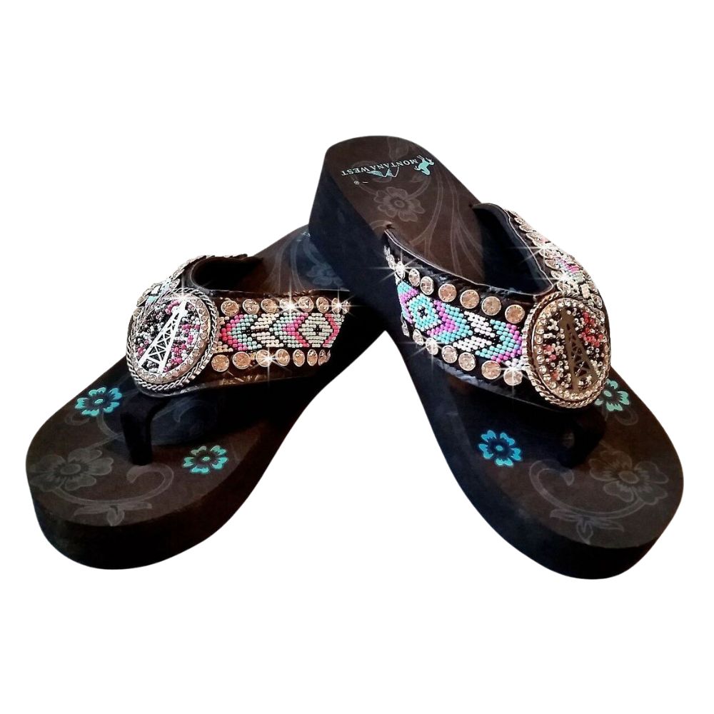 Oil Derrick Aztec Flat Strap Spongy Montana West Flip Flops-BD16-S092 BK