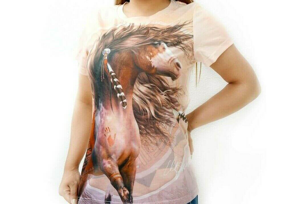 Horse Printed Women's T-Shirt front close up - Tan-ST-613 TAN-2 