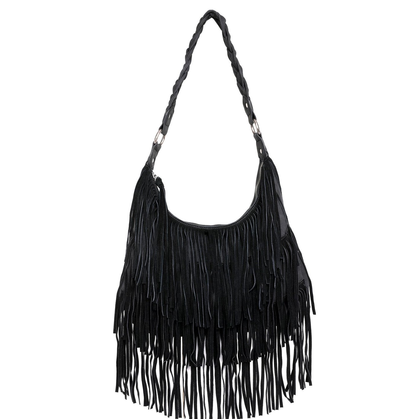 WG11-918 BK- Wrangler leather fringe hobo purse- Black