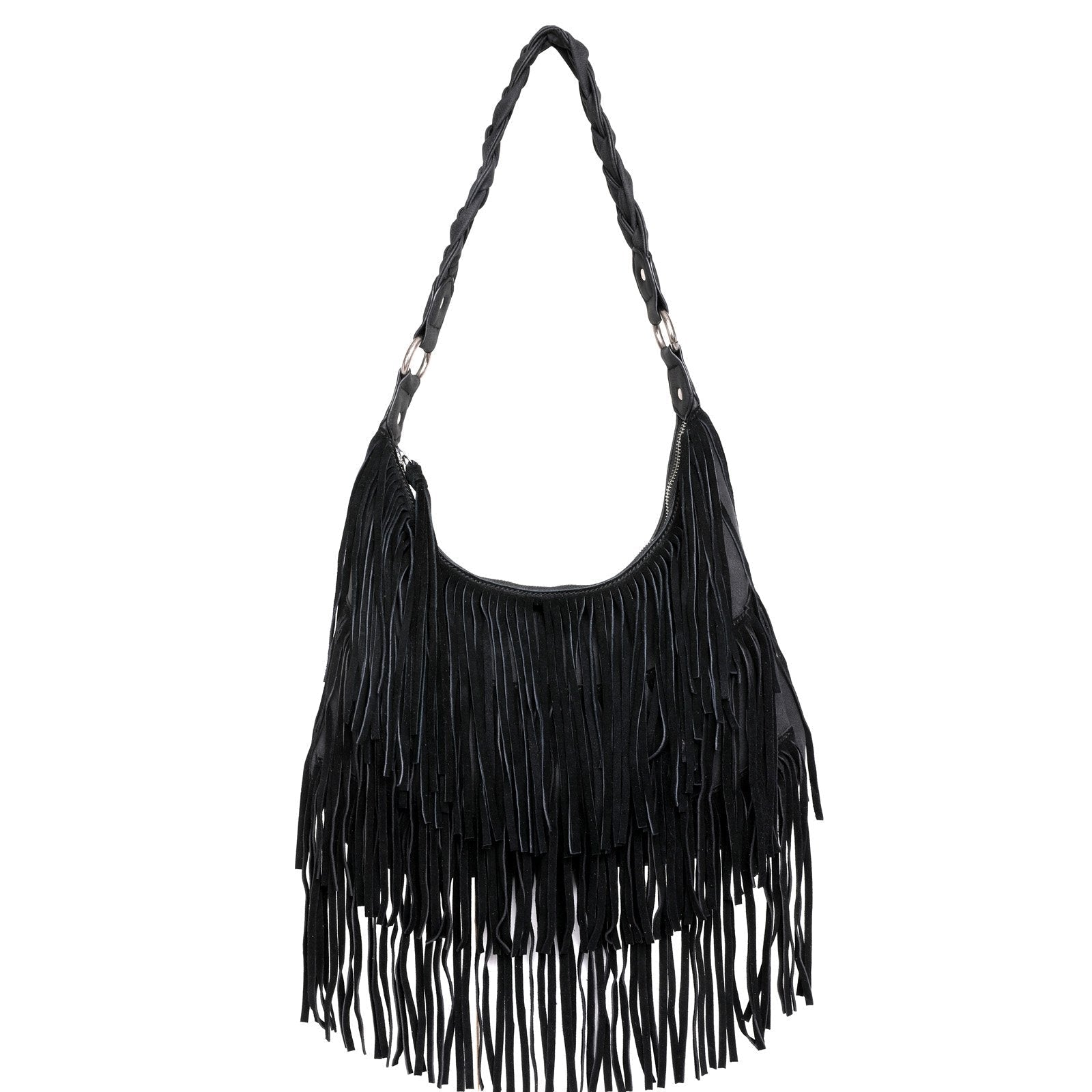 WG11-918 BK- Wrangler leather fringe hobo purse- Black