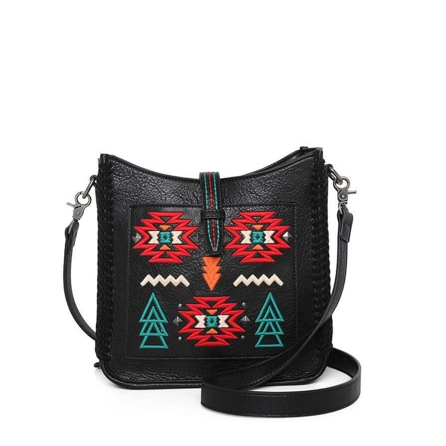 WG02-9360 BK- Wrangler Aztec embroidery concealed carry crossbody bag- Black