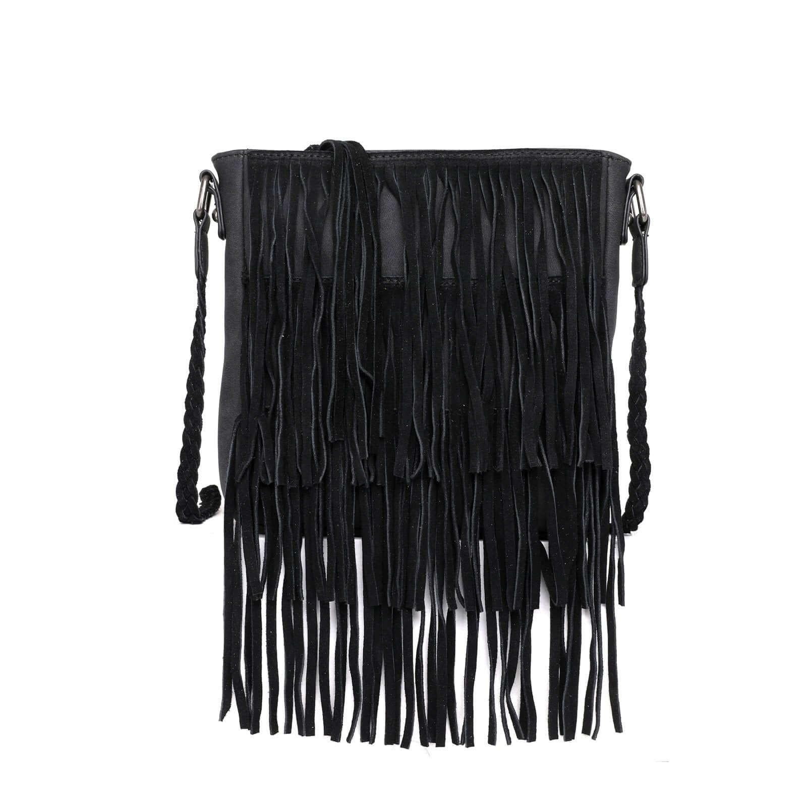 WG11-8360 BK- Wrangler leather fringe crossbody bag- Black
