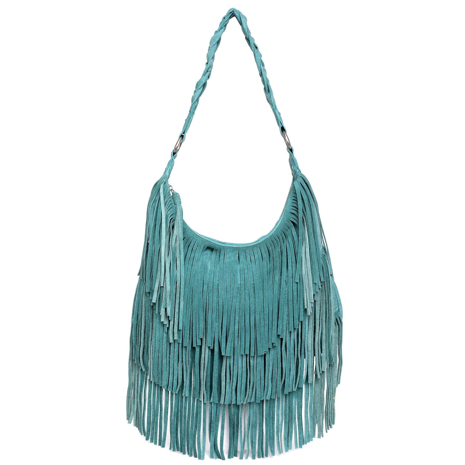 WG11-918 TQ- Wrangler leather fringe hobo purse-Turquoisee