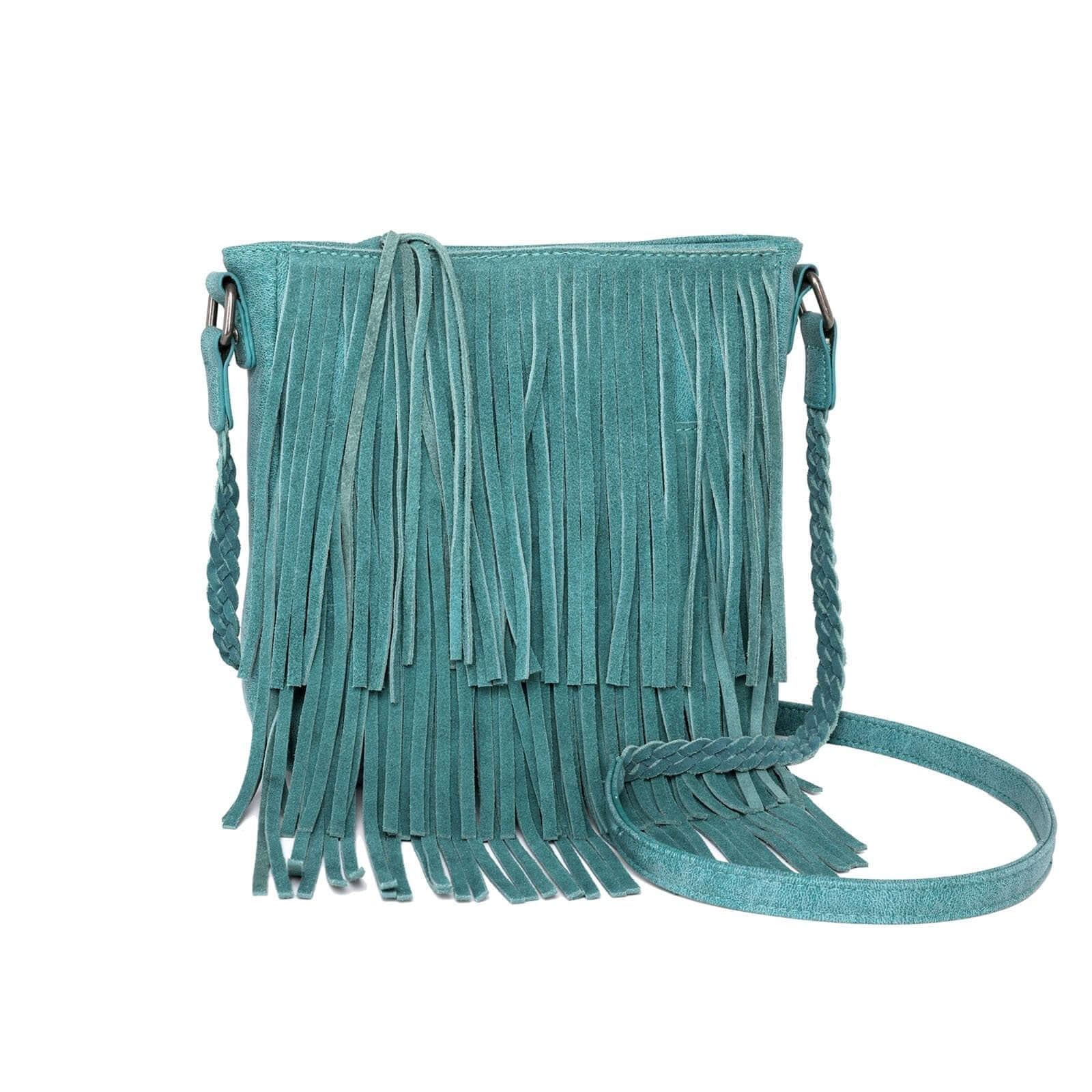 WG11-8360 TQ- Wrangler leather fringe crossbody bag- Turquoise