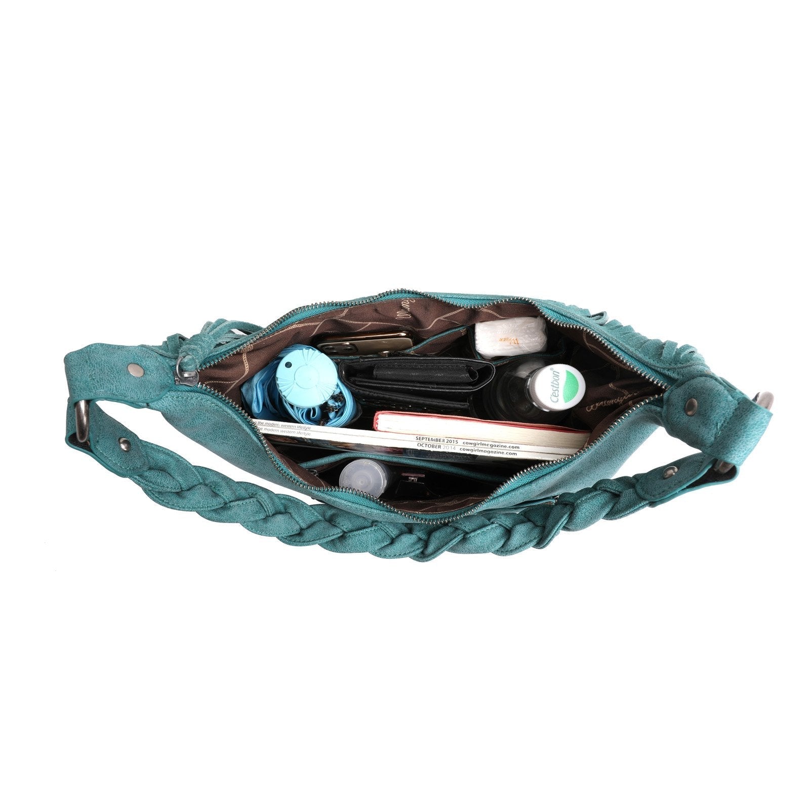 WG11-918 TQ-5 Wrangler leather fringe hobo purse inside with stuffs- Turquoise
