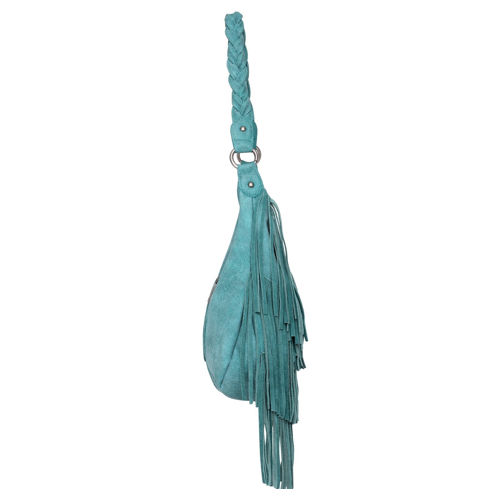 WG11-918 TQ-7 Wrangler leather fringe hobo purse side- Turquoise