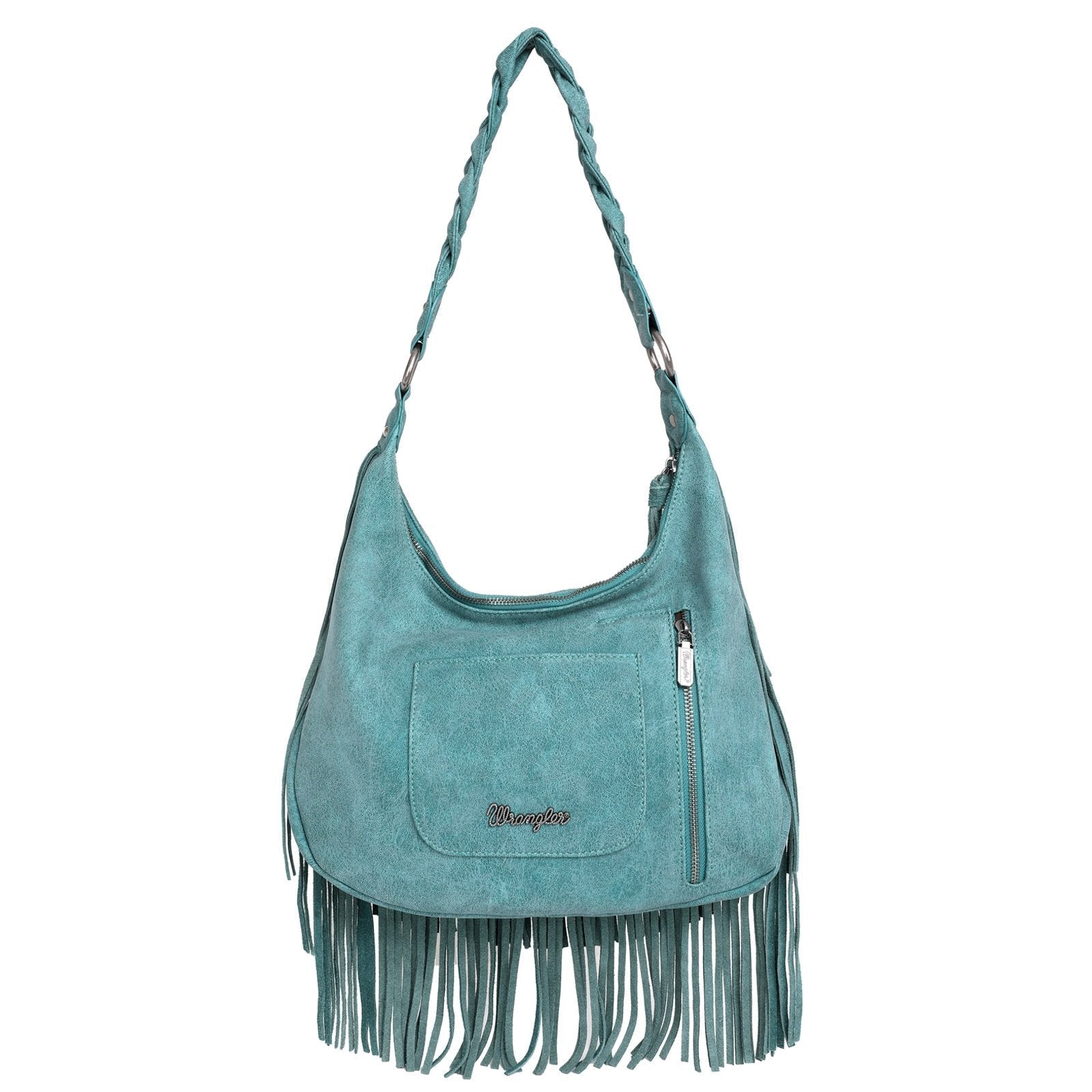 WG11-918 TQ-4 Wrangler leather fringe hobo purse back- Turquoise