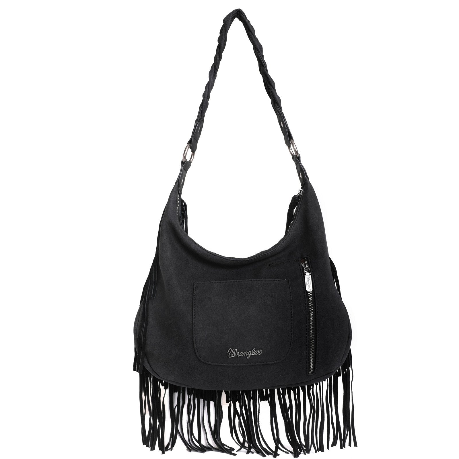 WG11-918 BK-1 Wrangler leather fringe hobo purse back- Black