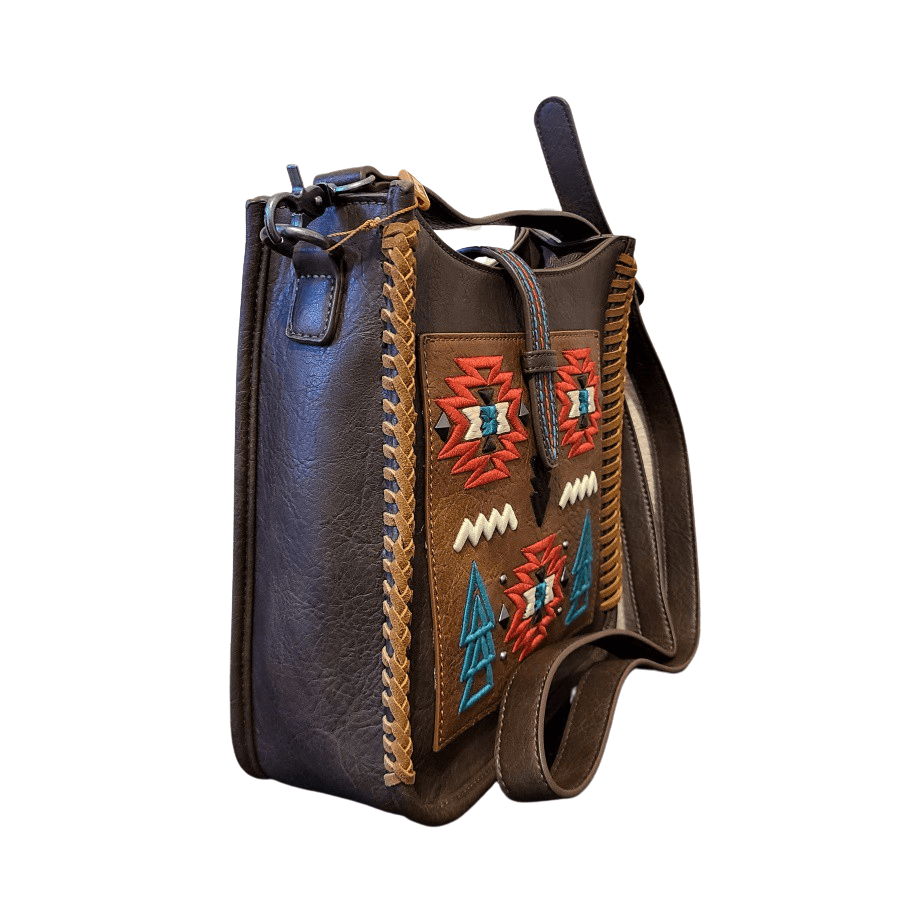 WG02-9360 CF-2 Wrangler Aztec embroidery concealed carry crossbody bag side- Coffee