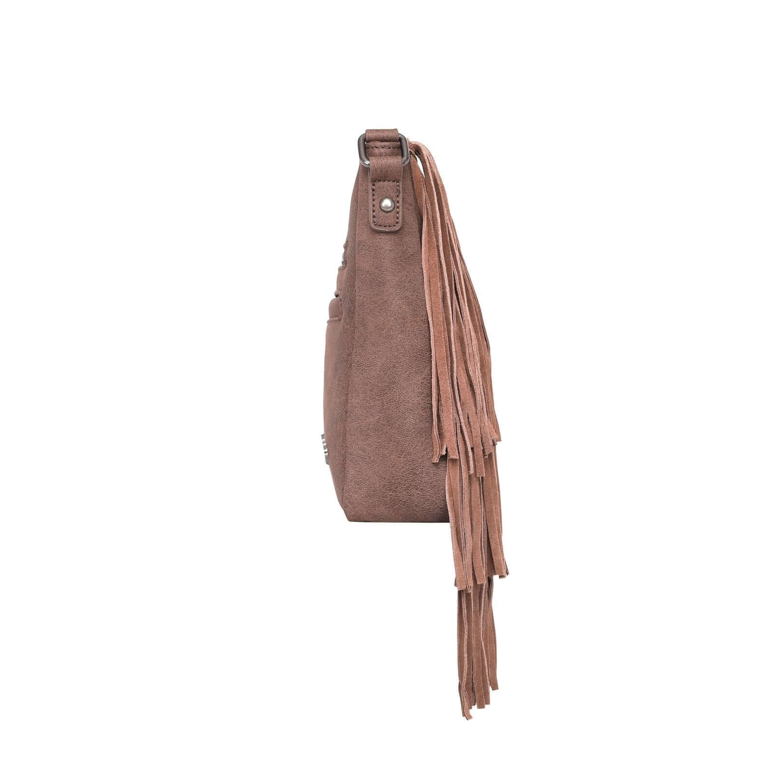 WG11-8360 CF-2 Wrangler leather fringe crossbody bag side- Coffee