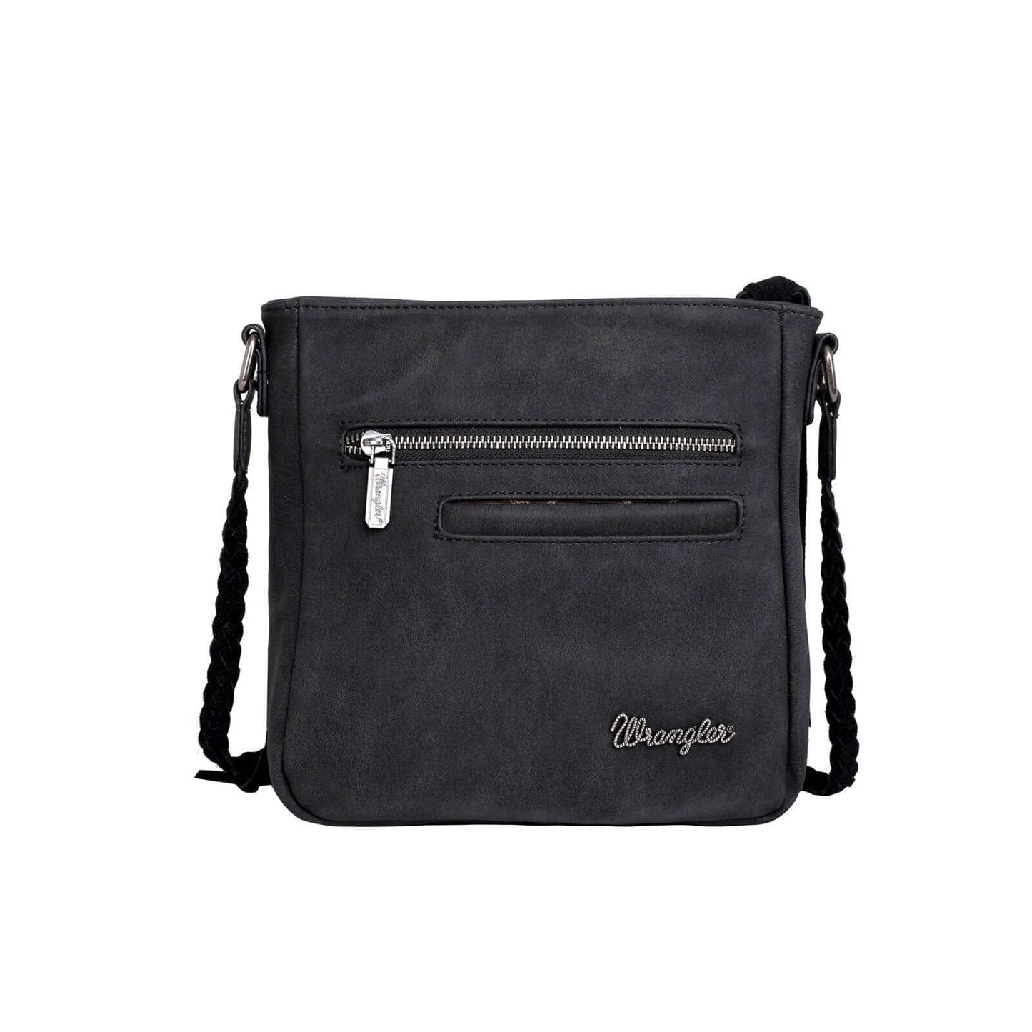 WG11-8360 BK-1- Wrangler leather fringe crossbody bag back- Black